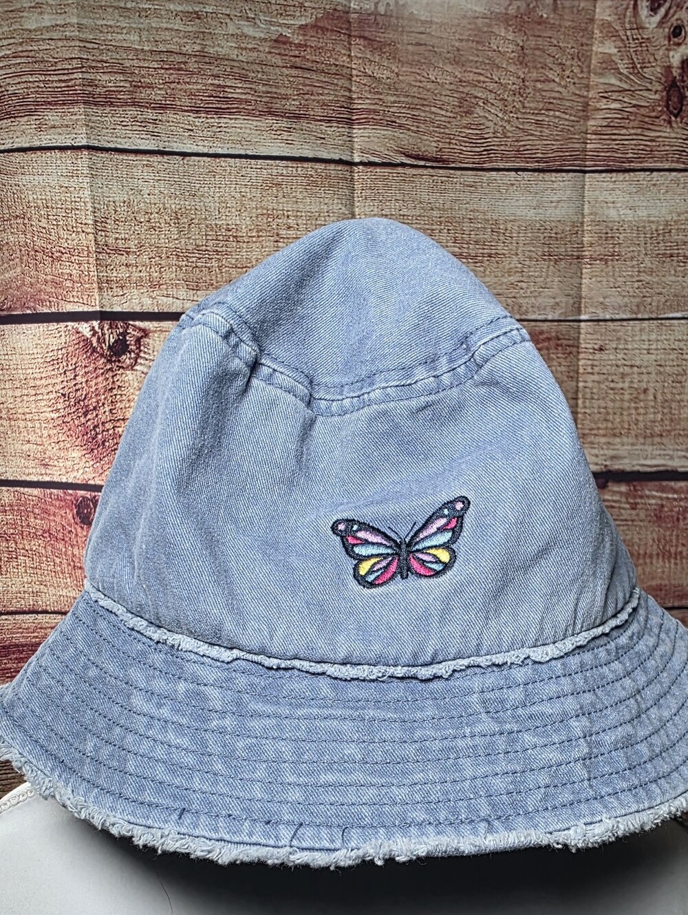 David and Young Light Blue Denim Bucket Hat with Multicolor Butterfly